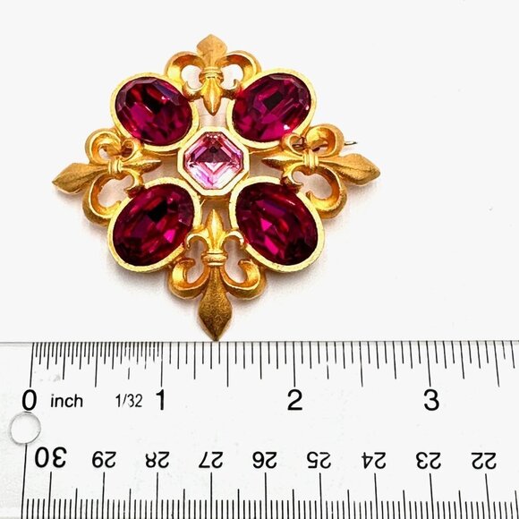 Vintage 1990s Dark & Light Pink Matte Gold Tone Maltese Cross 2" Brooch Pin - Picture 2 of 3